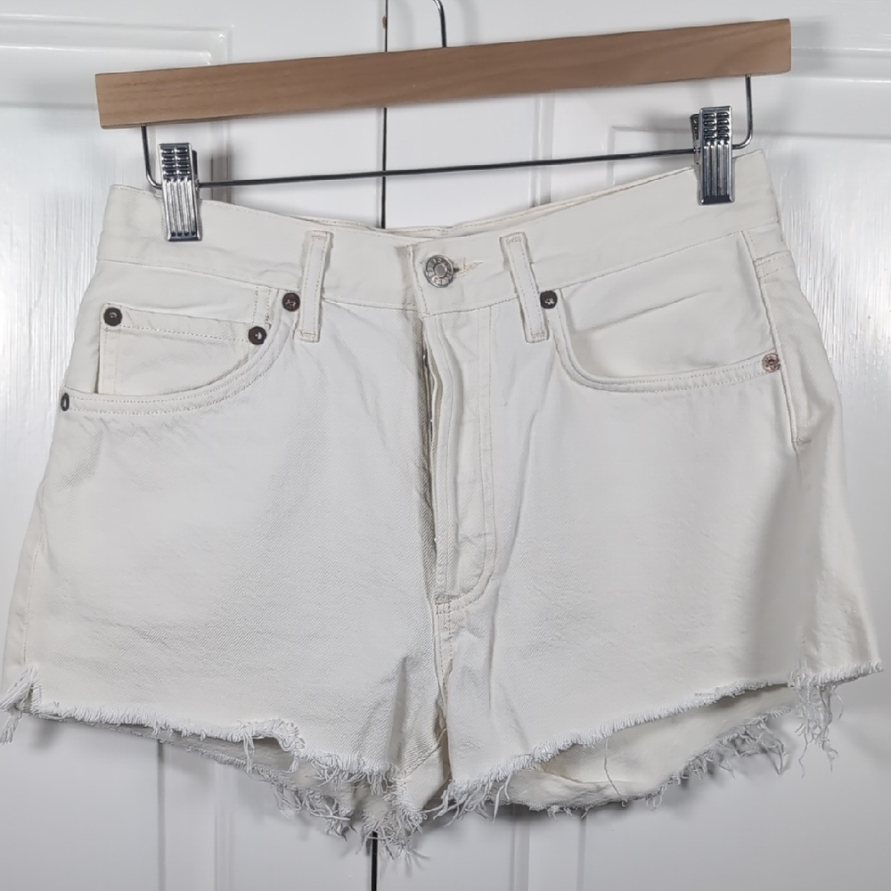 AGOLDE Parker White Denim Shorts High Rise Cut Off Distressed Raw Hem Size 26